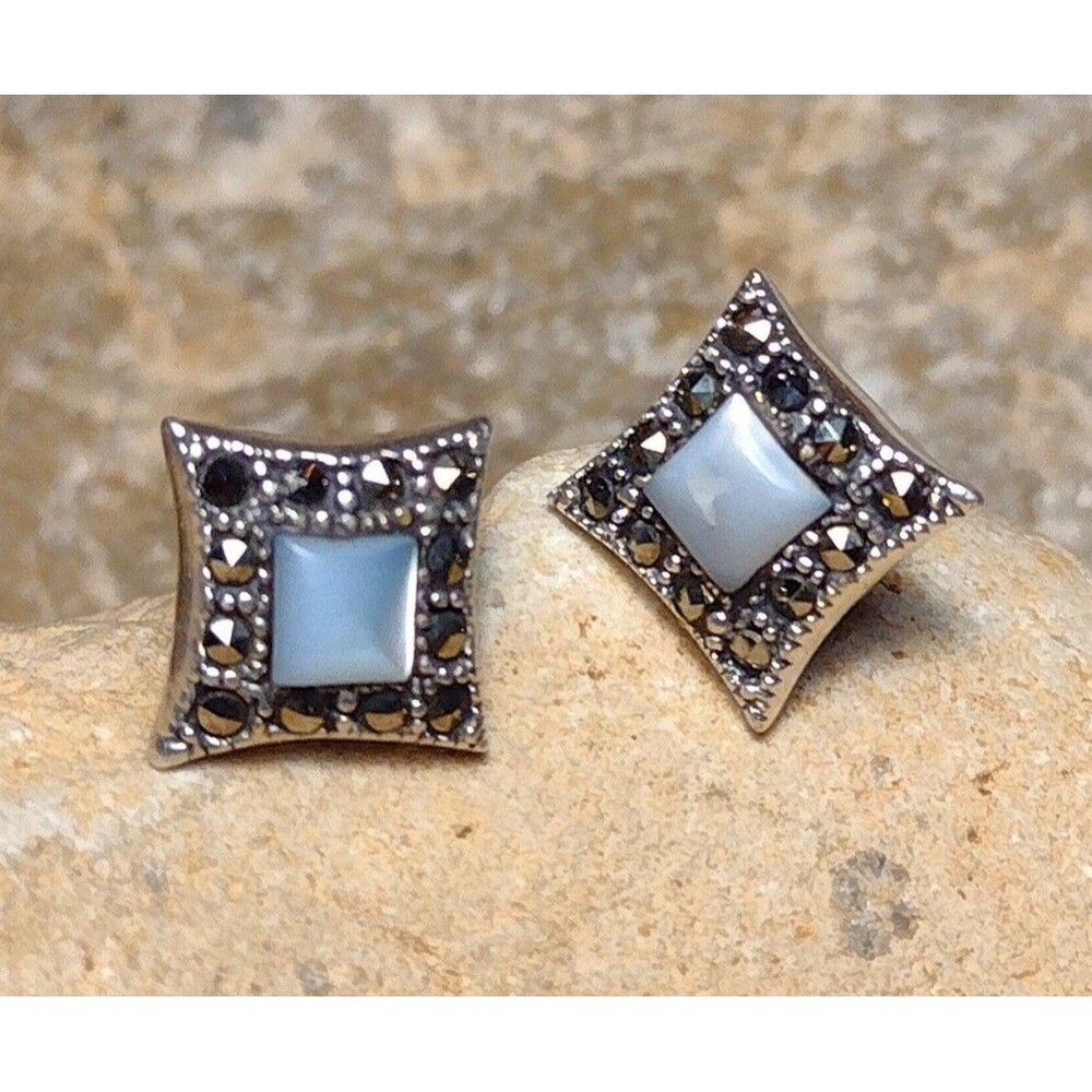 Sterling Silver Marcasite Mother of Pearl Petite Stud Earrings